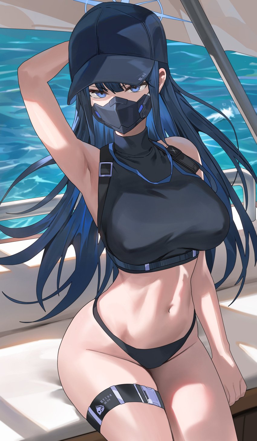 1girls absurdres armpits bare_shoulders baseball_cap bikini bikini_bottom_only black_hair black_hat black_shirt blue_archive blue_eyes blue_hair breasts crop_top emotionless expressionless face_mask female halo hat highres hood_x_art large_breasts long_hair looking_at_viewer midriff navel saori_(blue_archive) shiny_skin shirt sleeveless sleeveless_shirt solo stomach swimsuit thigh_strap thighs thighs_together water