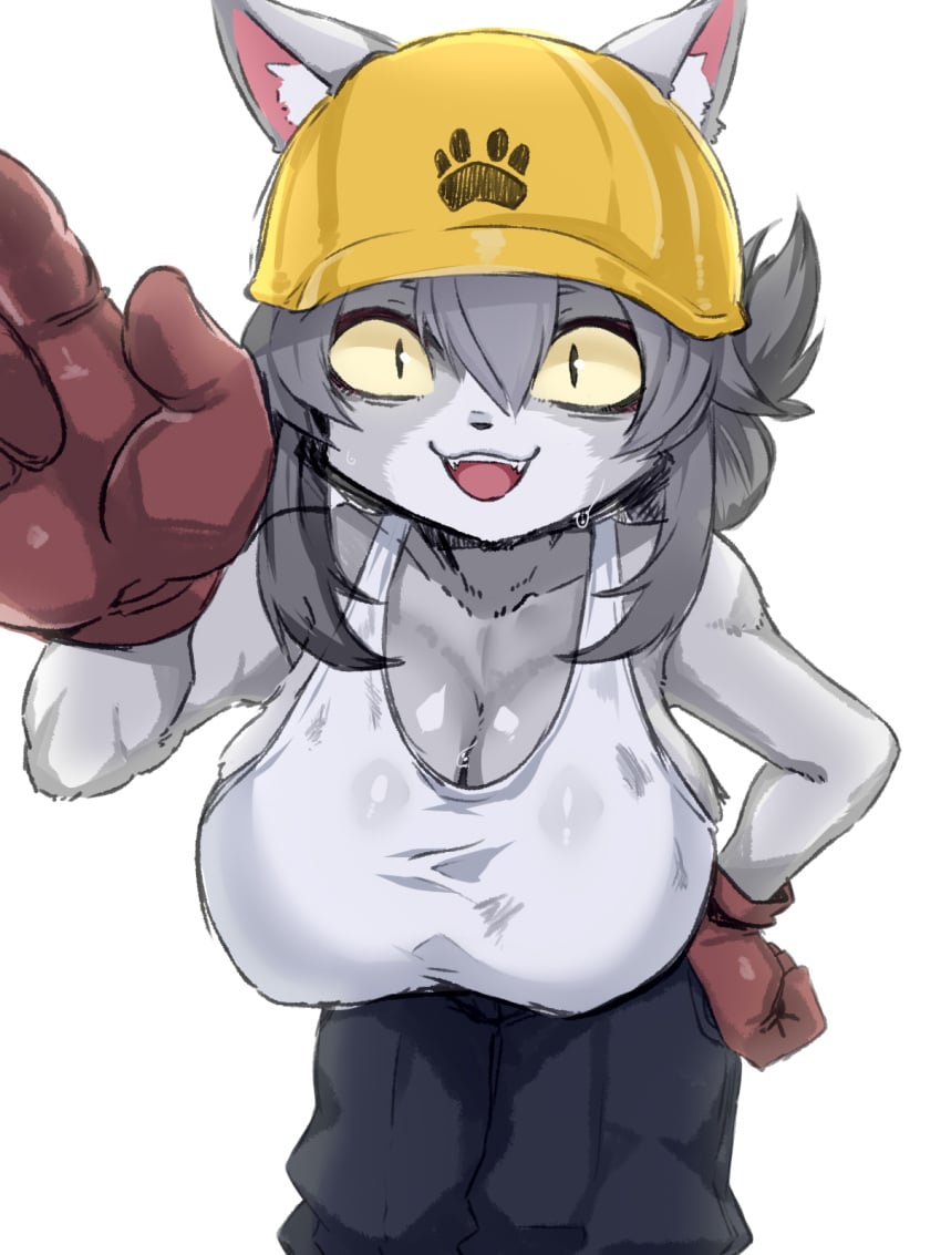 3:4 :3 anthro anthrofied armor big_breasts biped breasts cleavage clothed clothing domestic_cat felid feline felis female female_anthro front_view fur gloves grey_body grey_fur grey_hair hair handwear headgear helmet hi_res kamen_no_hito kemono looking_at_viewer mammal open_mouth pupils safety_cat safety_helmet shirt simple_background slit_pupils solo tank_top topwear white_background