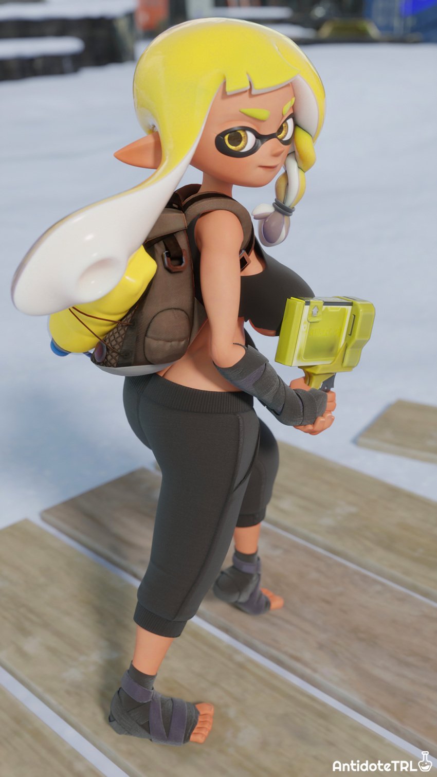 3d 3d_(artwork) antidotetrl ass_focus backboob backpack bag big_breasts butt_crack casual casual_nudity clothed clothing female female_only firearm footwear handgun new_agent_3_(splatoon) nintendo no_bra no_underwear pale_skin ripped_clothing splatoon splatoon_3 splatoon_3:_return_of_the_mammalians underboob weapon