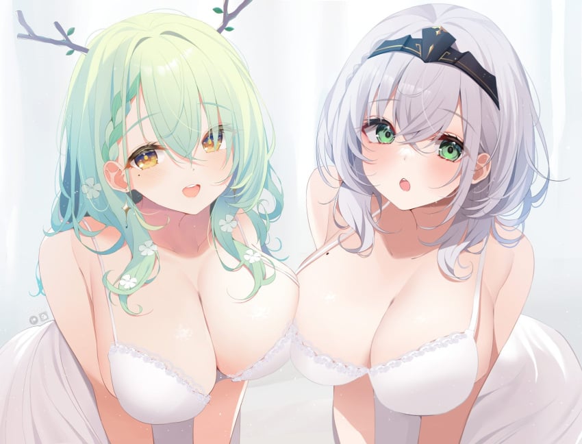 2d 2girls bare_shoulders big_ass big_breasts blush breasts camisole ceres_fauna deyui earrings female female_only flower green_eyes green_hair hair_flower hair_ornament hololive hololive_english hololive_english_-council- hololive_english_-promise- hololive_fantasy hololive_japan horn huge_breasts long_hair mole mole_on_breast open_mouth shirogane_noel shirt smile virtual_youtuber white_camisole white_hair yellow_eyes