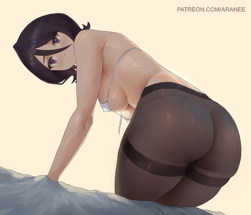 1girls alternate_breast_size araneesama ass bent_over bikini bikini_top_only black_hair black_pantyhose bleach breasts female from_behind front-tie_bikini_top front-tie_top hair_between_eyes kuchiki_rukia long_hair_between_eyes looking_at_viewer medium_breasts micro_bikini pantyhose patreon_username petite purple_eyes short_hair sideboob simple_background solo swimsuit thighband_pantyhose white_background