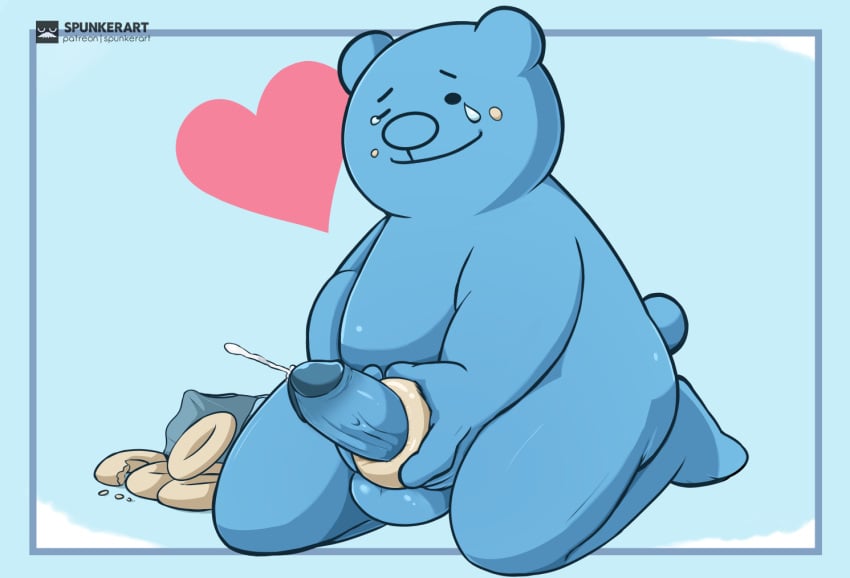 2024 anthro ass balls bear beary_(rhythm_heaven) belly bodily_fluids dessert digital_drawing_(artwork) digital_media_(artwork) doughnut erection food genital_fluids genitals humanoid_genitalia humanoid_penis looking_pleasured male mammal nude overweight overweight_male penetration penis rhythm_heaven simple_background smile solo spunkerart tail tears tears_of_pleasure