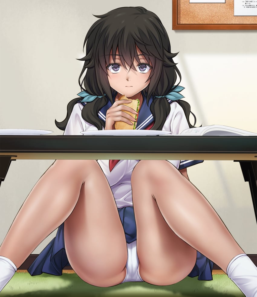 cyclone_(reizei) eating female girl kuudere panties sandwich_(food) school_girl school_uniform view_between_legs visible_panties white_panties