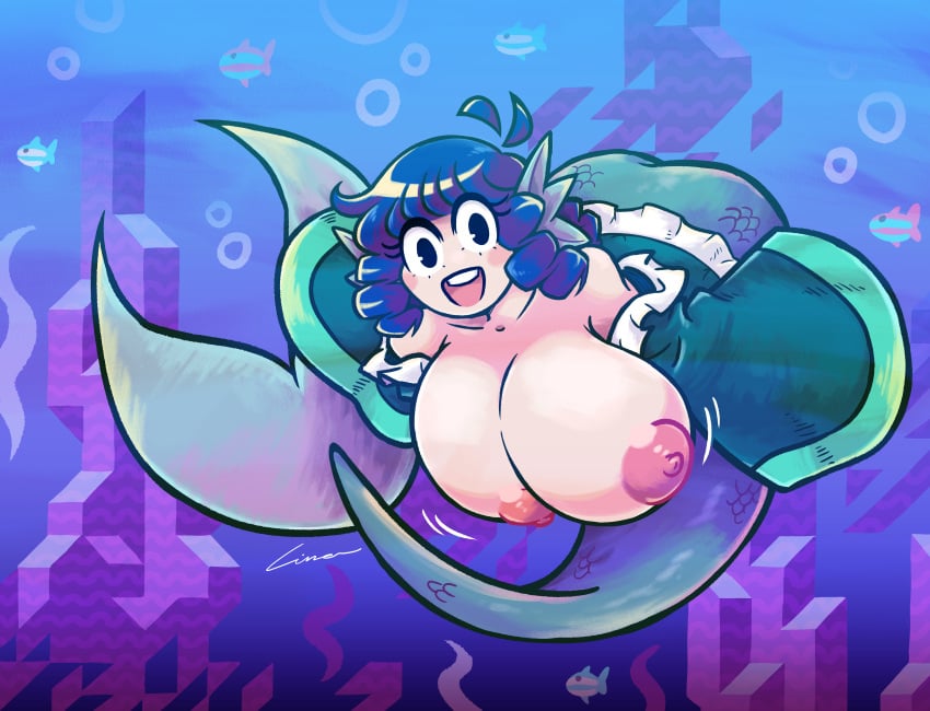 1girls alternate_version_available areolae ass big_breasts black_eyes blue_hair breasts breasts_out clothed_female detailed_background exposed_breasts fish_girl head_fins huge_breasts large_filesize light-skinned_female linaciari mermaid motion_lines nipples open_mouth pink_nipples signature solo solo_female touhou wakasagihime watermark