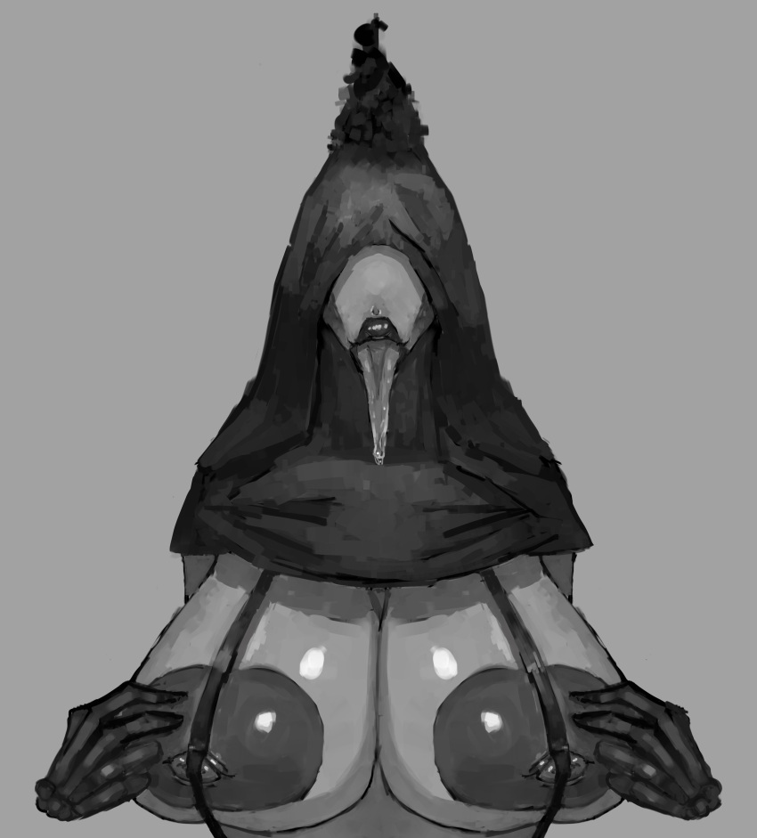 areolae big_breasts big_lips black_cloak black_clothing exposed_breasts glistening_body grey_body monochrome monster motomami nightmare_waifu nipples saliva sling_bikini the_lurker_(zeblackballd) thick_thighs tongue_out