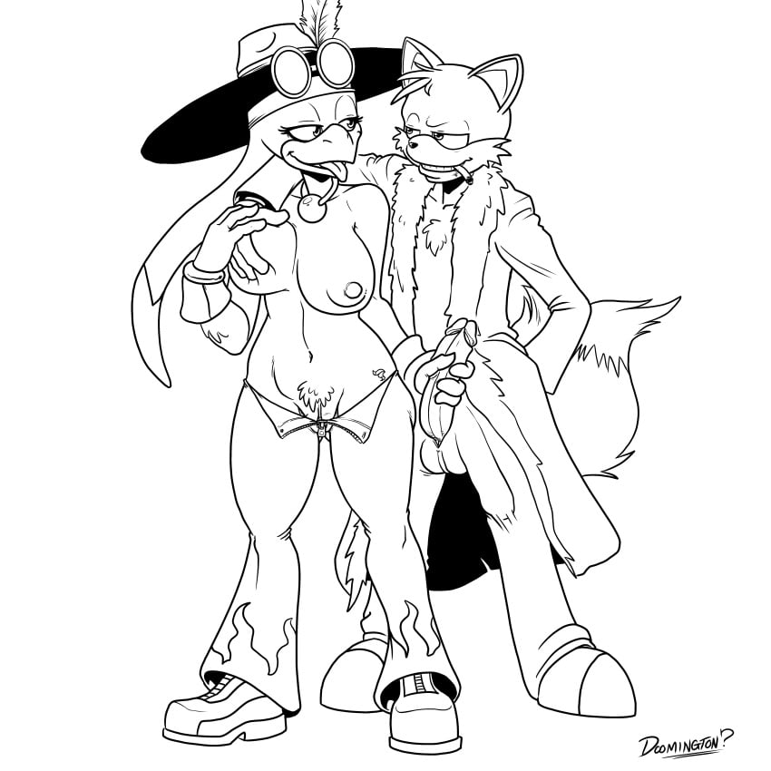 1boy 1girls absurd_res anthro avian big_breasts bird black_and_white breasts canine cigarette diphallia diphallism doomington duo female fox fur furry_tail handjob hi_res line_art male mammal monochrome multi_penis multi_tail nipples penis pimp_hat sega sonic_(series) sonic_riders tail tails wave_the_swallow