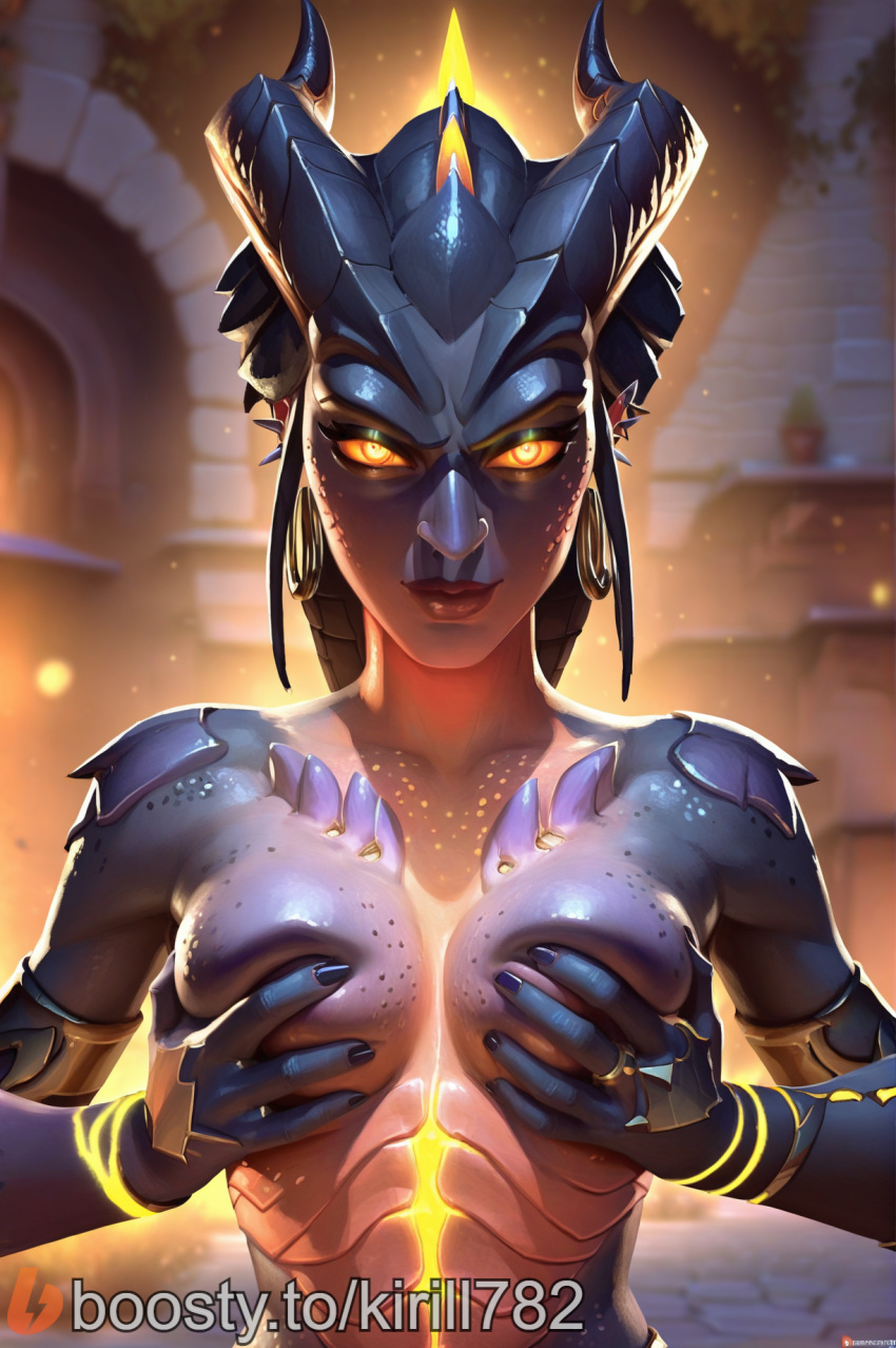 ai_generated boosty_username breasts dragon dragon_symmetra female female_only glowing glowing_eyes handbra holding_breast kirill782 looking_at_viewer medium_breasts overwatch overwatch_2 solo stable_diffusion symmetra upper_body watermark yellow_eyes