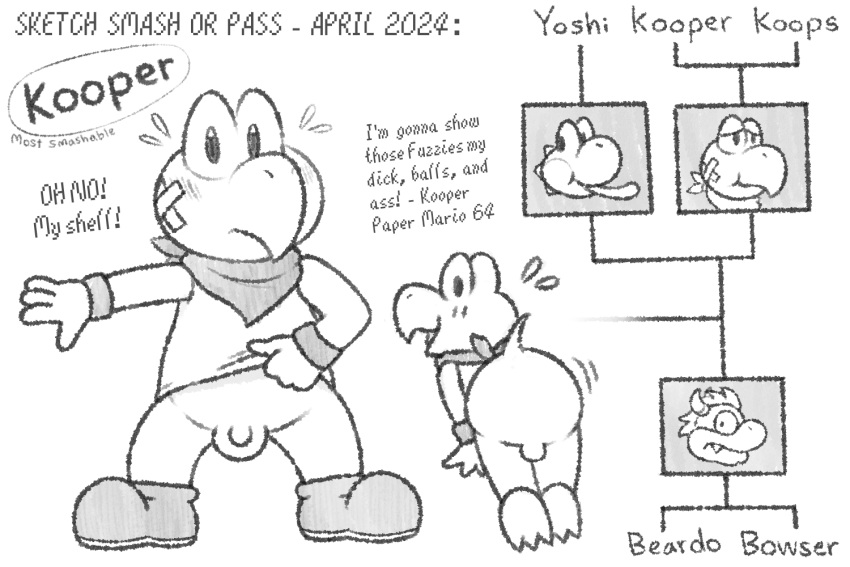 2024 allcaps anthro ass balls bandage bandana black_and_white blush bodily_fluids bottomless bottomless_anthro bottomless_male bowser clothed clothing clothing_lift english_text footwear genitals kerchief kooper koops male male_focus male_only mario_(series) monochrome nintendo nishi_oxnard paper_mario penis presenting presenting_hindquarters shirt shirt_lift shoes smile solo solo_male sweat text topwear wristband yoshi