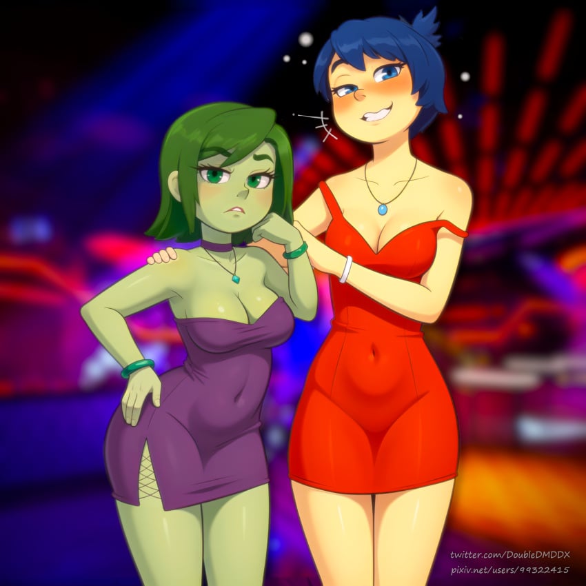 2024 2024s 2girls alternate_version_available belly_button belly_button_visible_through_clothing blue_eyes blue_hair blush breasts cleavage clothed clothing disgust_(inside_out) disney doubledmddx dress duo duo_female duo_focus female female_focus female_only green_body green_hair green_skin inside_out inside_out_2 joy_(inside_out) looking_at_viewer multiple_girls navel navel_visible_through_clothes navel_visible_through_dress necklace pixar purple_dress red_dress short_hair short_hair_female size_difference tagme thighs wide_hips yellow_body yellow_skin