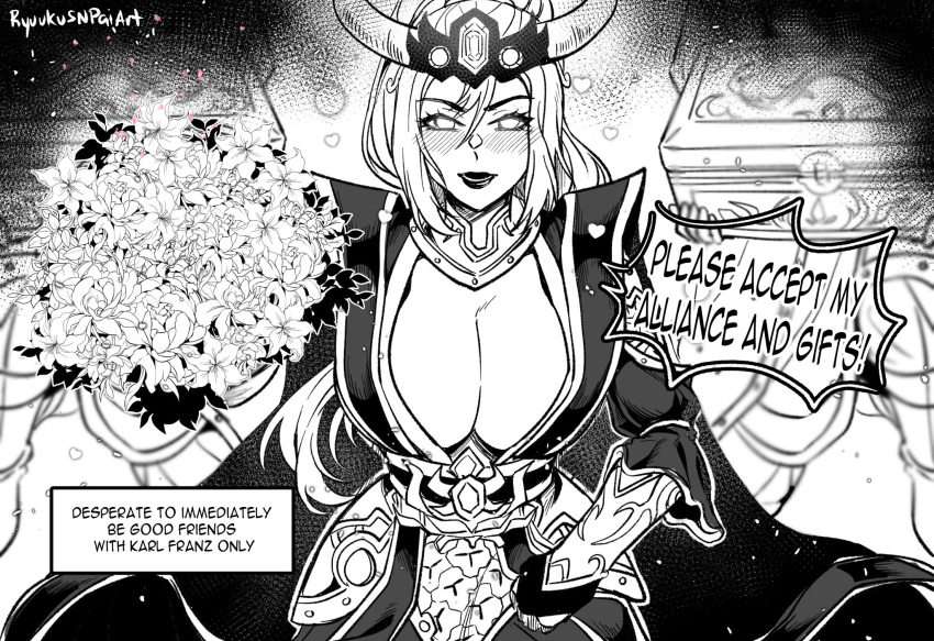 accessories accessory armor armored_dress armored_female armored_gloves asian asian_clothing asian_mythology big_breasts black_and_white blush blushing_profusely bodyguard boob_window bouquet bouquet_of_flowers breasts_bigger_than_head cathay cleavage cleavage_window crown diplomacy dragon dragon_girl english_text flower flowers flowers_in_hand gems gift guard guards heart hearts_around_body hearts_around_head jewelry lipstick long_hair miao_ying monochrome ponytail requesting robes ryuukusnpaiarts shapeshift shapeshifter soldier soldiers text total_war:_warhammer treasure treasure_chest warhammer_(franchise) warhammer_fantasy