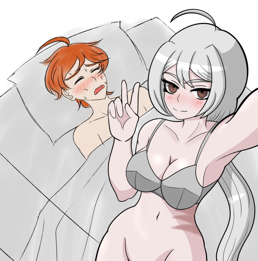 after_sex blush brown_eyes closed_eyes danganronpa danganronpa_another fanganronpa female green_eyes looking_at_viewer maeda_yuki orange_hair peace_sign raken sdra2 sora_(super_danganronpa_another_2) super_danganronpa_another_2 underwear