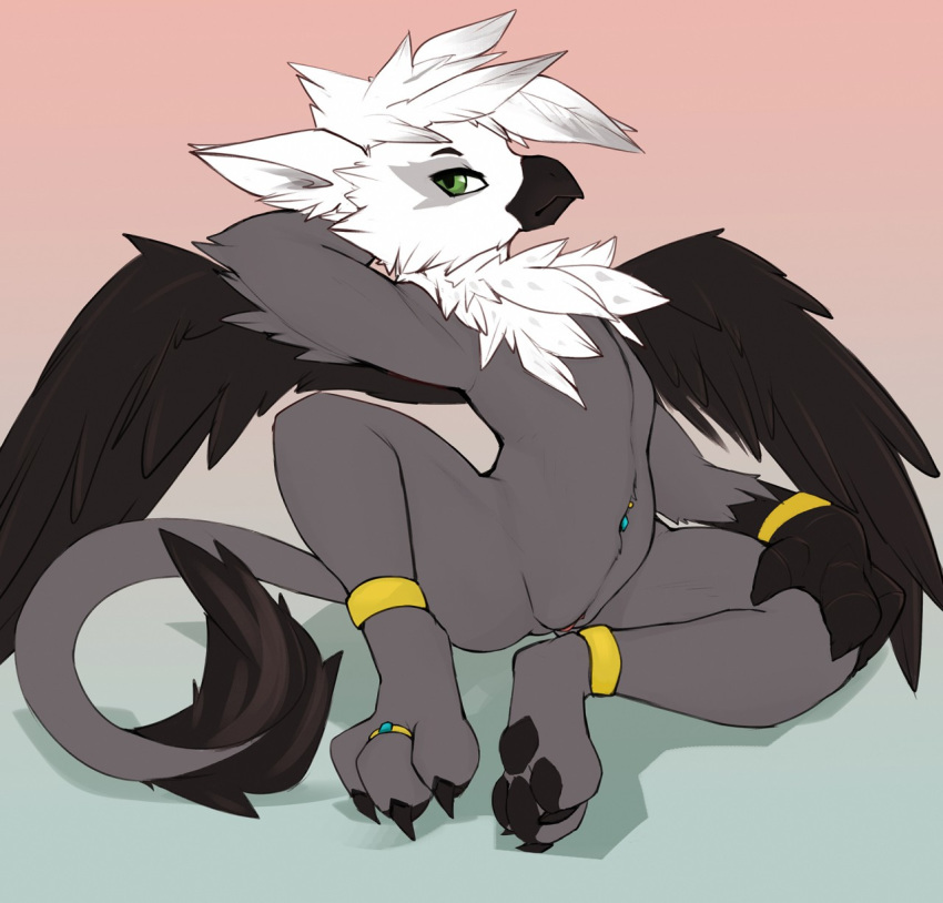 2014 3_toes anklet avian beak claws clitoris eraclea fan_character feathers female feral flat_chested green_eyes gryphon looking_at_viewer my_little_pony navel navel_piercing nude piercing pose pussy solo spread_legs spreading toe_claws toe_ring toes wildshard wings