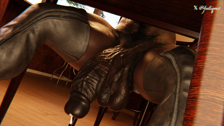 3d big_penis big_thighs cum_drip cum_dripping_from_penis dark-skinned_futanari dark_skin fareeha_amari futa_only futanari hairy knee_high_boots muscular_futanari overwatch pharah pubic_hair solo_futanari under_the_table veiny_penis yeetiques