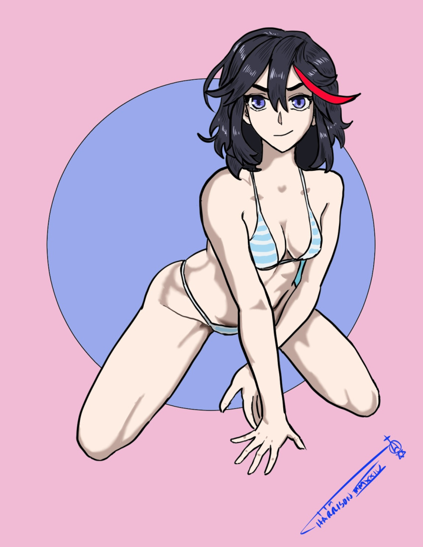 1girls artist_signature bikini black_hair blue_eyes cleavage ironsiderodger kill_la_kill leaning_forward light-skinned_female light_skin matoi_ryuuko on_knees red_streak smile striped_bikini