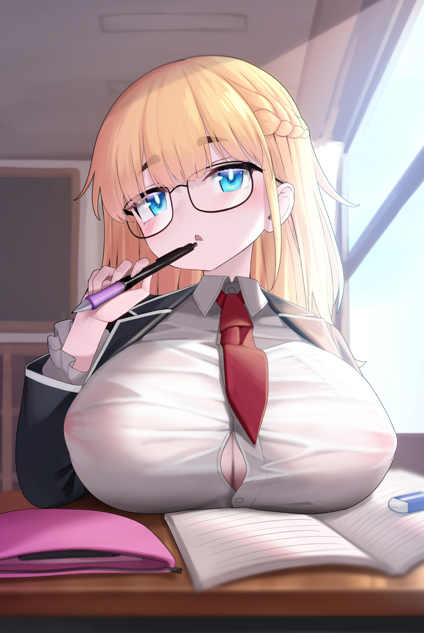 1girls big_breasts blonde_hair blue_eyes breasts_on_table classroom female female_focus glasses huge_breasts kinnomokon nipples nipples_visible_through_clothing no_bra pink_nipples pov school_uniform schoolgirl thick_eyebrows