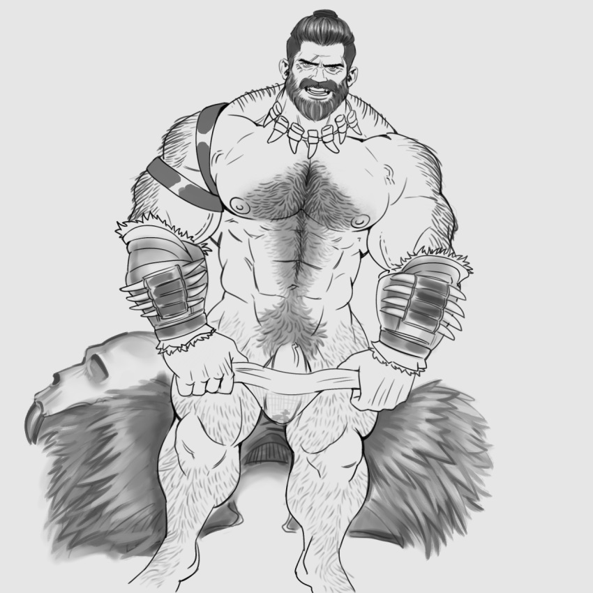 1boy abs animal_skull back_hair bara beard bracer bulge come_hither facial_hair feet_out_of_frame flaccid foot_hair full_beard gryphonburger hairy highres huge_eyebrows jewelry kraven_the_hunter large_pectorals looking_at_viewer male_focus male_only male_pubic_hair male_underwear male_underwear_pull marvel marvel_comics mature_male monochrome moustache muscular muscular_male navel navel_hair necklace nipples pectorals penis penis_peek pubic_hair quads seductive_smile short_hair smile solo solo_male spider-man_(series) standing stomach thick_arm_hair thick_beard thick_chest_hair thick_leg_hair thick_mustache thick_navel_hair tooth_necklace topless_male tribal underwear undressing veins veiny_arms very_hairy