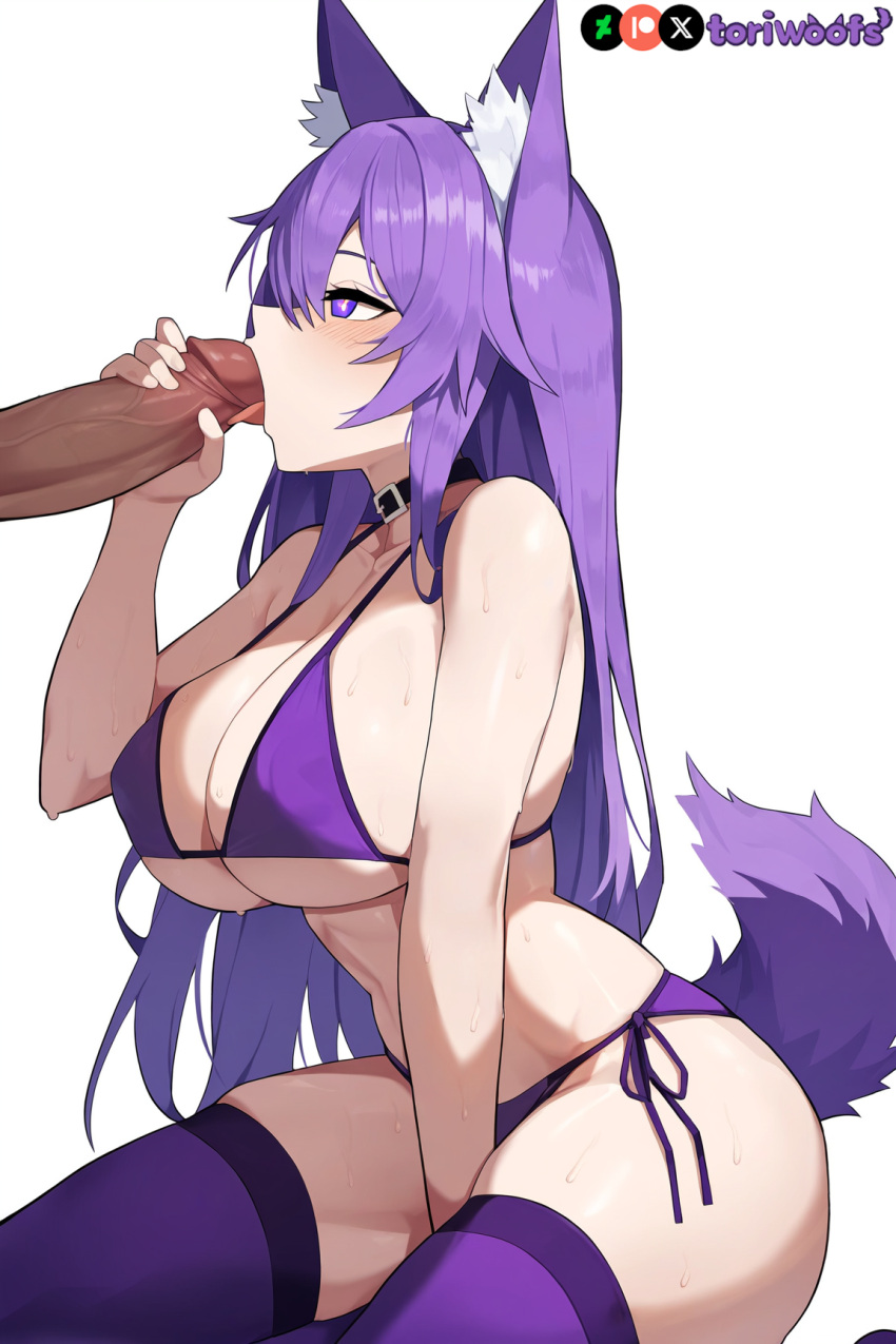 1boy 1girls ai_generated big_breasts bikini blowjob breasts cock collar curvy cute dark-skinned_male dog_ears dog_girl doggirl fellatio female female_focus highres hips huge_boobs huge_breasts kemonomimi light_skin light_skinned_female long_hair patreon_username penis petgirl petite purple_ears purple_eyes purple_hair purple_tail thick_thighs thighhighs thighs tori toriwoofs watermark wavy_hair white_skin white_skinned_female wide_hips wolf_ears