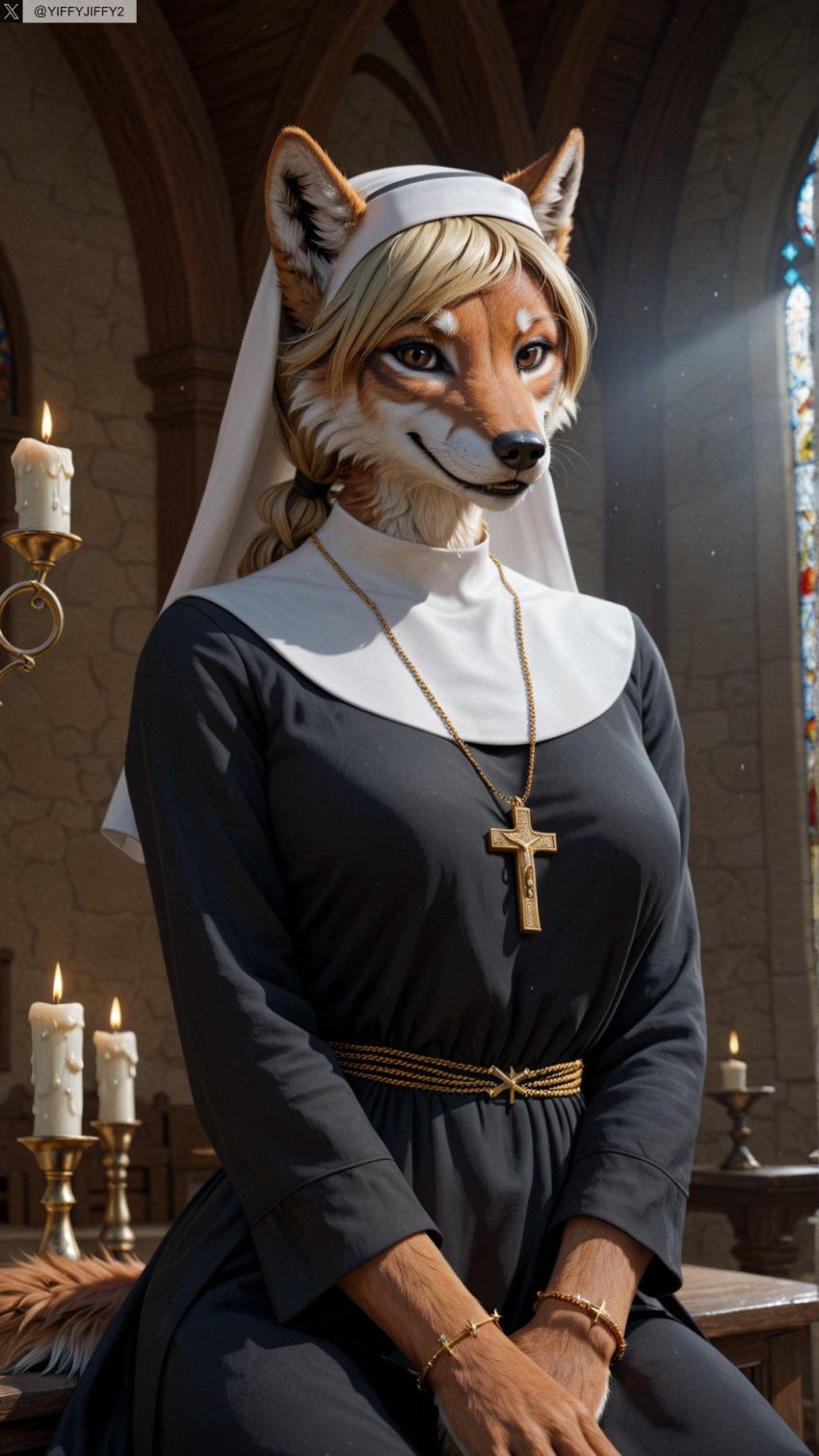 ai_generated animal_ears anthro artist_name black_dress blonde_hair candle church cross dress female female_anthro furry furry_female hi_res high_resolution highres indoors jewelry necklace nun photorealistic realistic sitting snout solo stable_diffusion tail twitter twitter_username watermark yiffyjiffy2 yiffyjiffy69