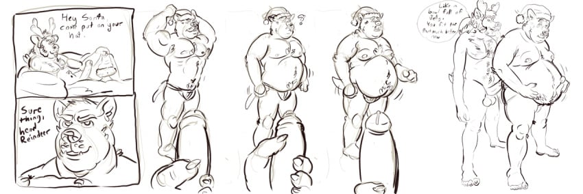 2boys abs anthro athletic balls ballsack beefy belly body_fur canine chub chubby clothing comic dog erection foreskin furry gain gay gay_sex humanoid_penis hyena intact male male_nipples male_only male_thong mammal monochrome moobs musclegut muscles muscular_male nude_male obese overhanging_belly overweight partially_retracted_foreskin pecs penis precum retracted_foreskin roleplay santa_hat scrotum smooth_penis tcw_(artist) testicles tummy uncut underwear