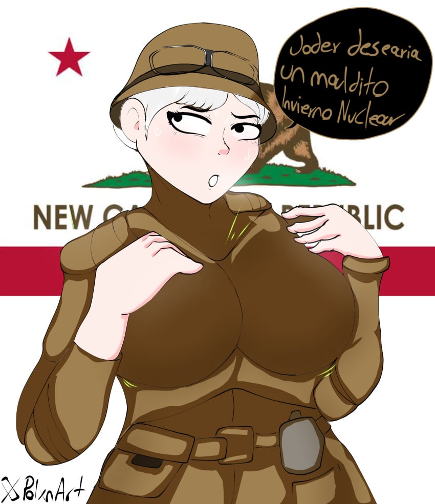 big_breasts fallout fallout_new_vegas ncr_soldier polxnart_(artist) spanish_text text_bubble