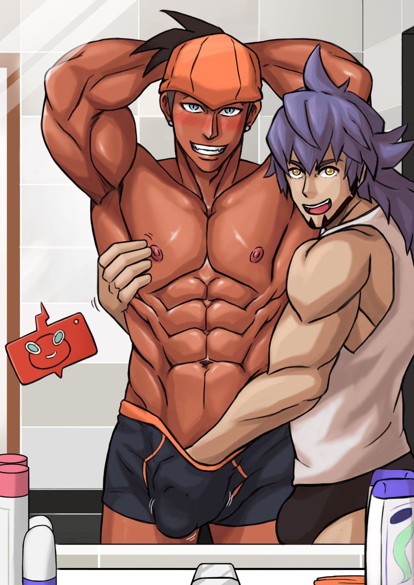 bara big_bulge bulge destor777 erection_under_clothes gay leon_(pokemon) male male/male male_nipples male_only muscular_male nintendo nipples penis_outline pokemon pokemon_ss raihan_(pokemon) underwear