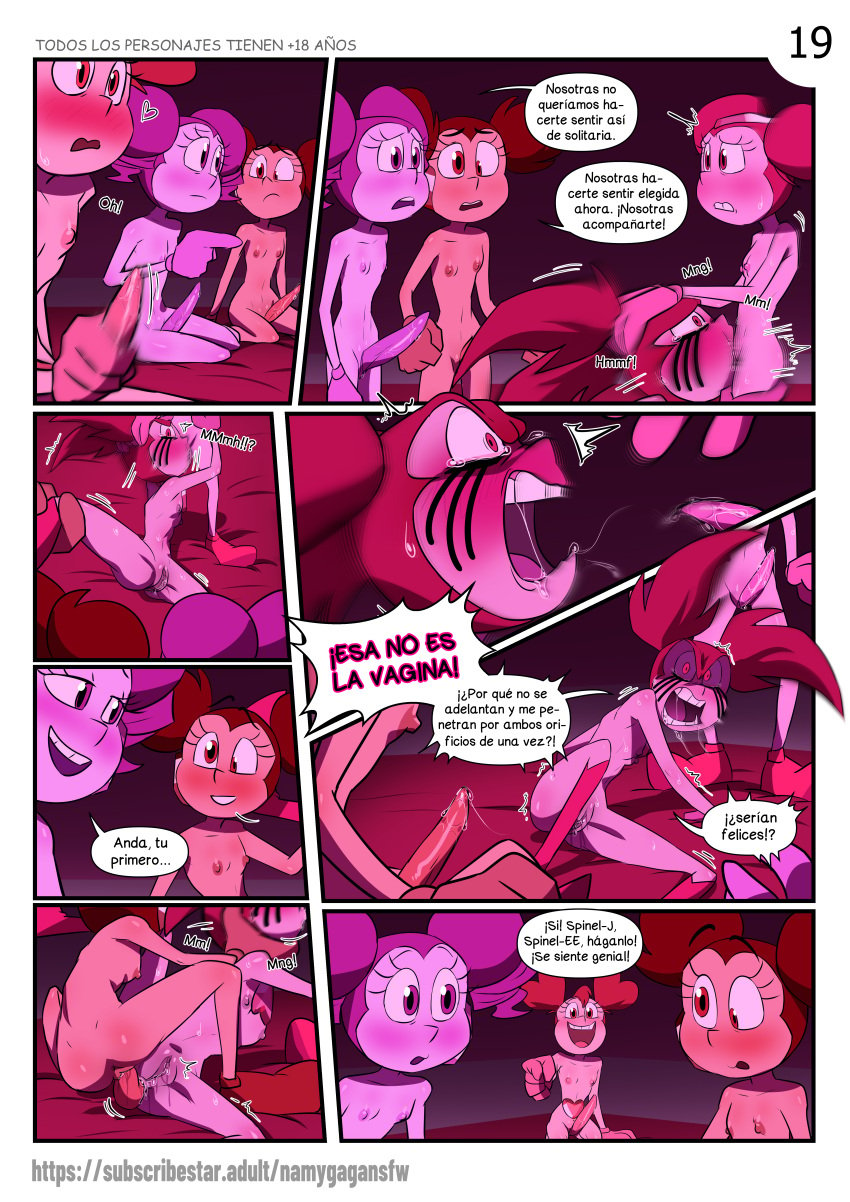 cartoon_network clitoris comic español futanari gangbang gem gem_(species) gemsona group namygaga spinel_(steven_universe) steven_universe twintails yuri