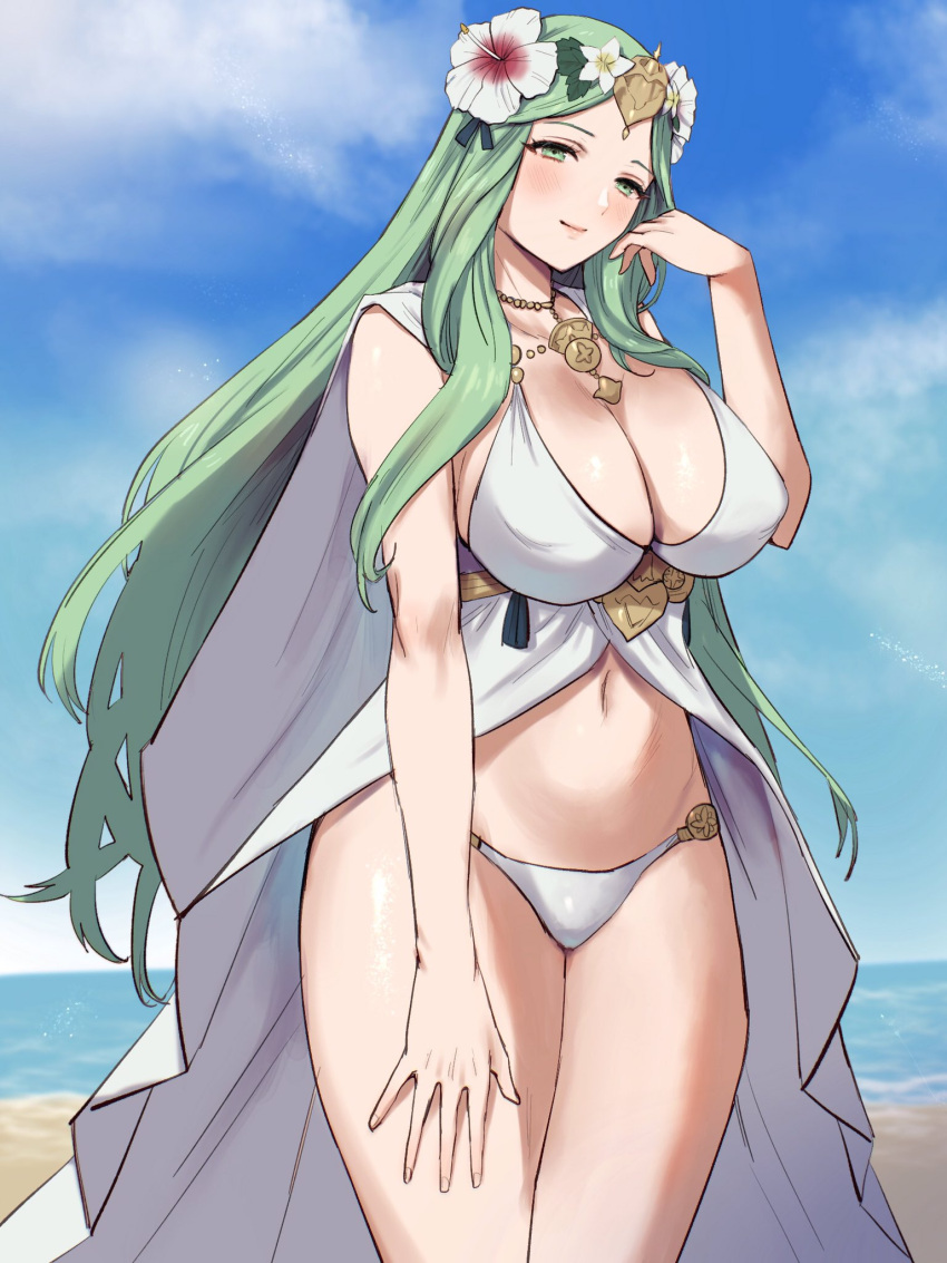 1girls alternate_costume beach bikini blue_sky breasts cleavage cloak closed_mouth cloud cowboy_shot curvy day female female female_only fire_emblem fire_emblem:_three_houses fire_emblem_heroes flower gold_necklace green_eyes green_hair hair_flower hair_ornament hand_up head_wreath highres jewelry large_breasts long_hair looking_at_viewer navel necklace nintendo ocean official_alternate_costume outdoors rhea_(fire_emblem) rhea_(summer)_(fire_emblem) sky smile solo stomach swimsuit very_long_hair white_bikini white_cloak white_swimsuit yamamori_kinako