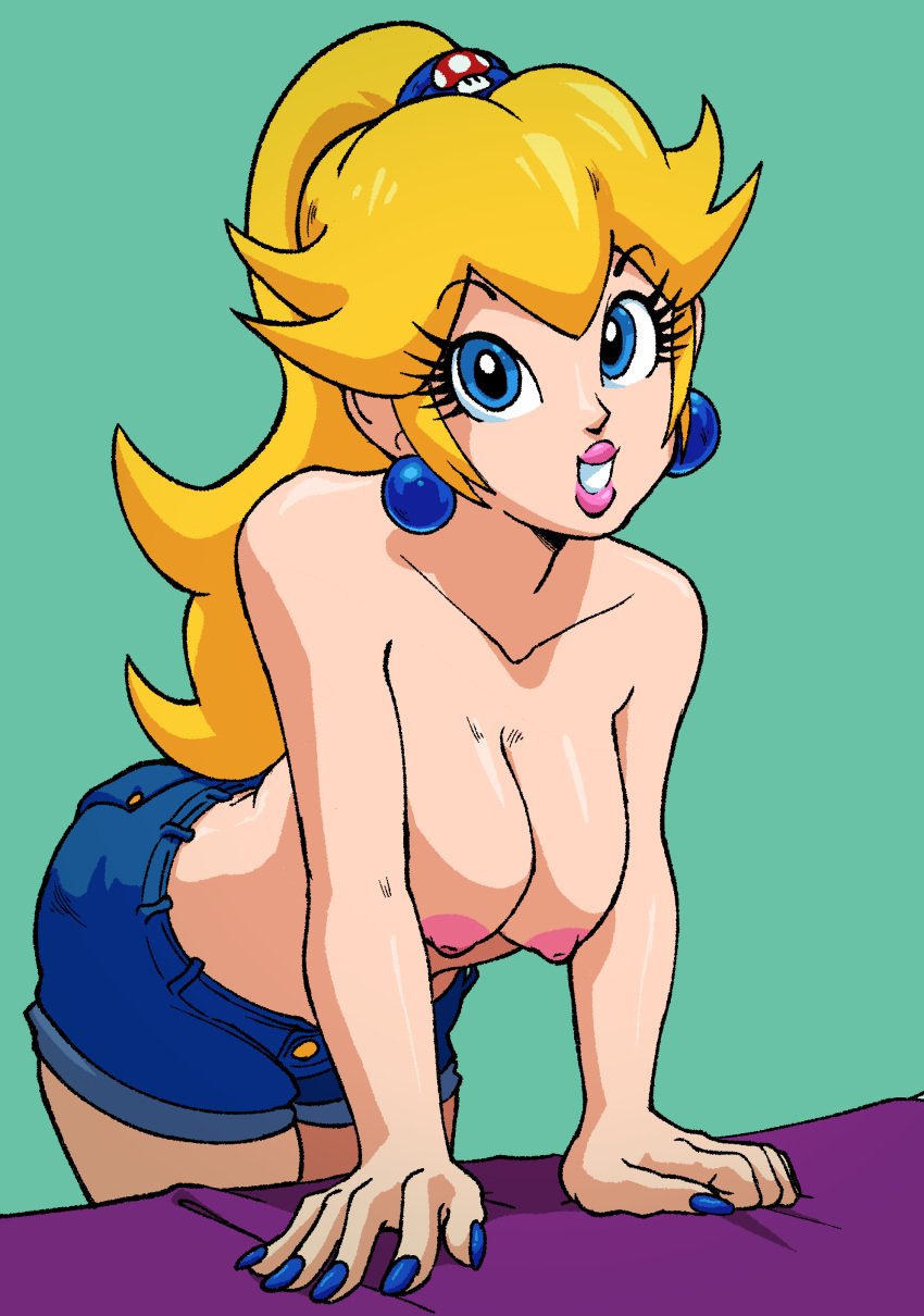 1girls blonde_female blonde_hair blonde_hair_female blue_earrings blue_eyes blue_nails blue_shorts booty_shorts breasts eyelashes eyeliner female female_only jamesama jean_shorts kolsan leaning_forward long_hair long_ponytail looking_at_viewer mario_(series) midriff off_shoulder pink_areola pink_lipstick pink_nipples ponytail princess princess_peach purple_bed purple_bed_sheet purple_bedding scrunchie shiny_body shiny_skin shirtless solo stomach tied_hair toned toned_female tummy white_body white_skin