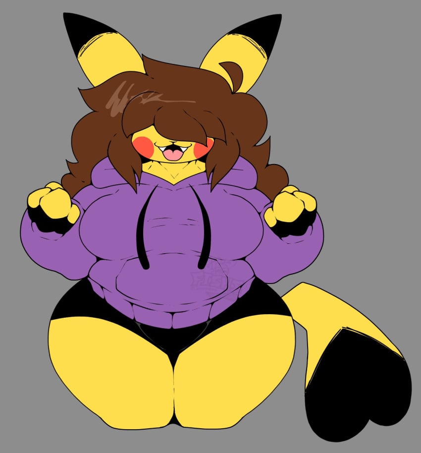 anthro big_breasts brown_hair chubby chubby_female fingerless_gloves furry hair_over_eyes jenssenbro jenssenbro_(artist) large_boobs large_breasts large_thighs nintendo pikachu pokemon pokemon_(species) purple_clothing purple_hoodie red_cheeks tail thighs volta_(pikaboobs) yellow_skin