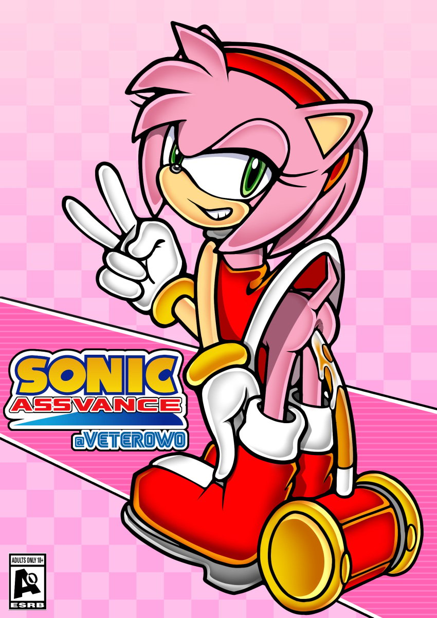 absurd_res accurate_art_style amy_rose anal anal_masturbation anal_sex anthro ass bodily_fluids boots bottomless bracelet clothed clothed_masturbation clothing digital_media dress eulipotyphlan female footwear fur genital_fluids genitals gesture gloves green_eyes hair hand_gesture handwear hedgehog hi_res improvised_sex_toy jewelry looking_at_viewer mammal masturbation object_in_ass object_insertion on_model penetration pink_body pink_fur pink_hair sega simple_background smile smirk solo sonic_(series) sonic_the_hedgehog_(series) tail text uekawa_style v_sign vetero