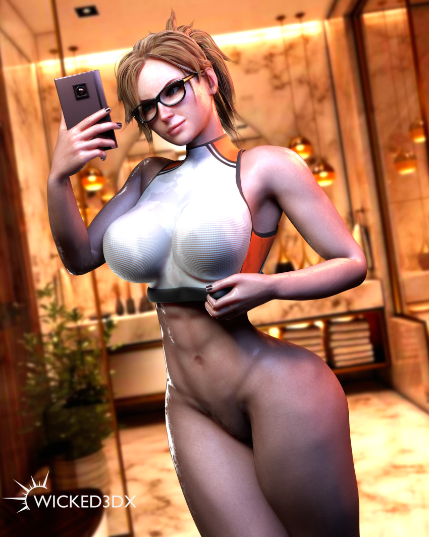 1girls 3d 3d_(artwork) big_breasts big_butt blender blender_(software) blonde_hair female glasses mercy mirror mirror_selfie nipples nudity overwatch overwatch_2 selfie shades solo solo_female solo_focus sweat thick thick_ass thick_thighs white_body white_skin wicked3dx workout