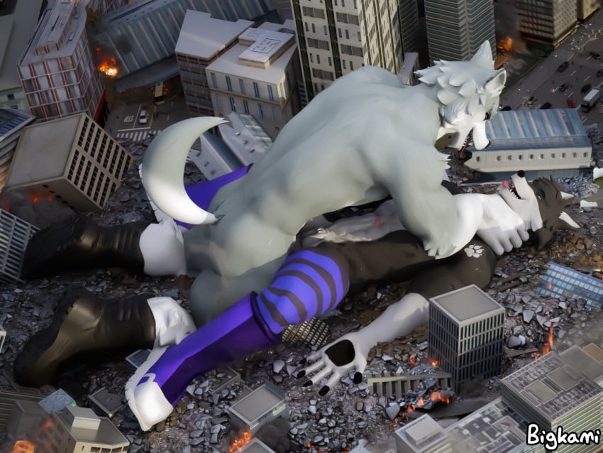 2024 3d all_fours anthro asphyxiation bigkami blender_(artwork) bodily_fluids boots breath_play building building_destruction canid canine canis car choking city clothing cum destruction dominant dominant_male duo erection evil_grin footwear from_front_position genital_fluids genitals hi_res humanoid_genitalia humanoid_penis legwear lying macro male male/male male_pred mammal missionary_position muscular muscular_anthro muscular_male nude on_back pattern_clothing pattern_legwear pattern_thigh_highs penetration penile penis rampage sex smile spread_legs spreading stockings thigh_highs tongue tongue_out vehicle wolf