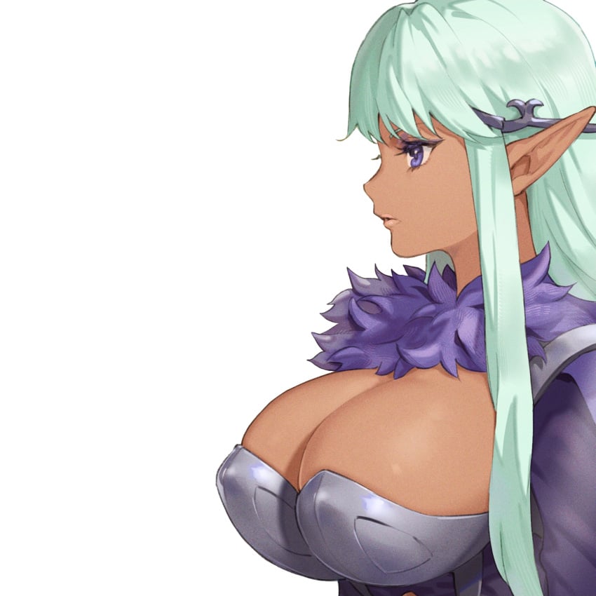 armor bikini_armor breasts cleavage dark-skinned_female dark_elf dark_skin elf female from_side fur_trim green_hair highres huge_breasts long_hair negative_space ouosoul pointy_ears purple_eyes railanor_(unicorn_overlord) revealing_clothes simple_background skimpy solo unicorn_overlord upper_body very_long_hair white_background