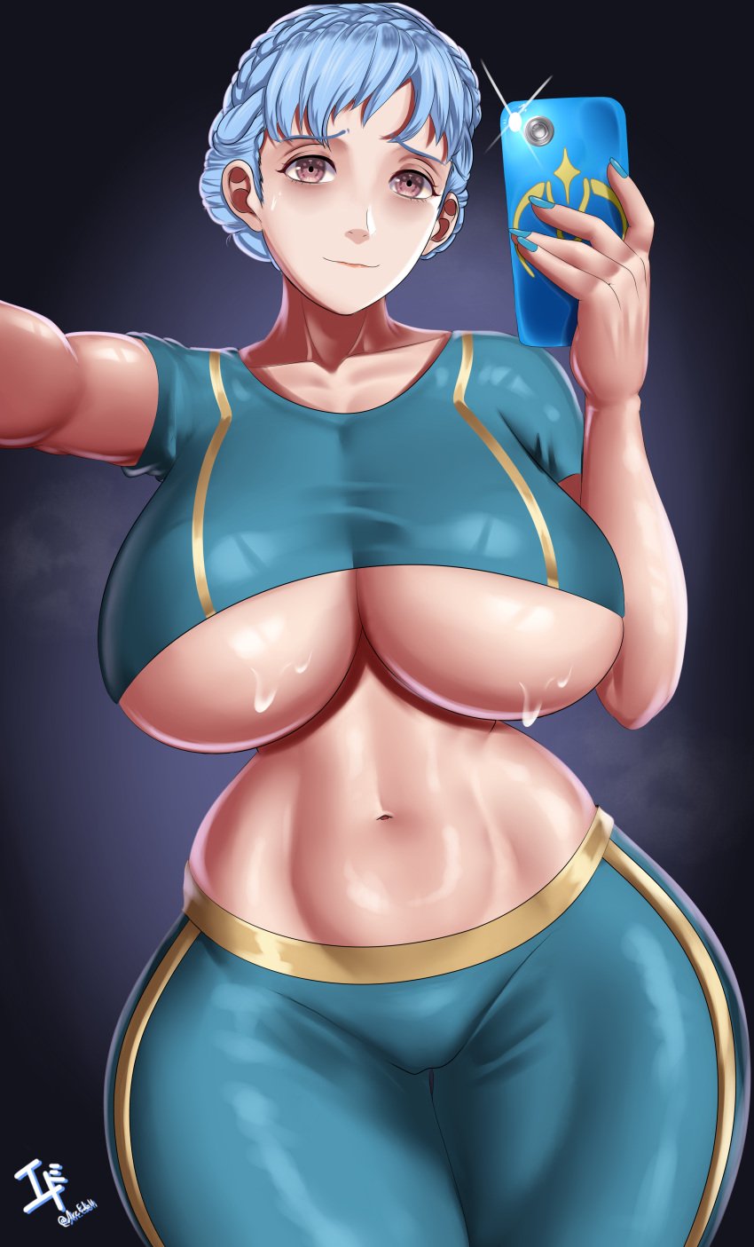 1girls alternate_breast_size alternate_costume arcedo blue_hair breasts crest_(fe3h) female fire_emblem fire_emblem:_three_houses hips huge_breasts light-skinned_female light_skin marianne_von_edmund nintendo phone selfie smartphone sportswear sweat thick_thighs thighs underboob voluptuous wide_hips yoga_pants