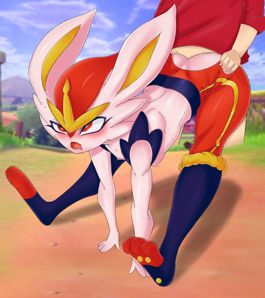 2020 ahe_gao ambiguous_penetration anthro ass athletic athletic_anthro bent_over_with_legs_held_straight blush boobacafe breasts butt_grab cinderace clothing duo female female_penetrated generation_8_pokemon hand_on_butt hi_res lagomorph leporid looking_at_viewer looking_pleasured male male/female male_penetrating male_penetrating_female mammal nintendo outside penetration pokemon pokemon_(species) rabbit sex stretching tongue tongue_out torn_clothing