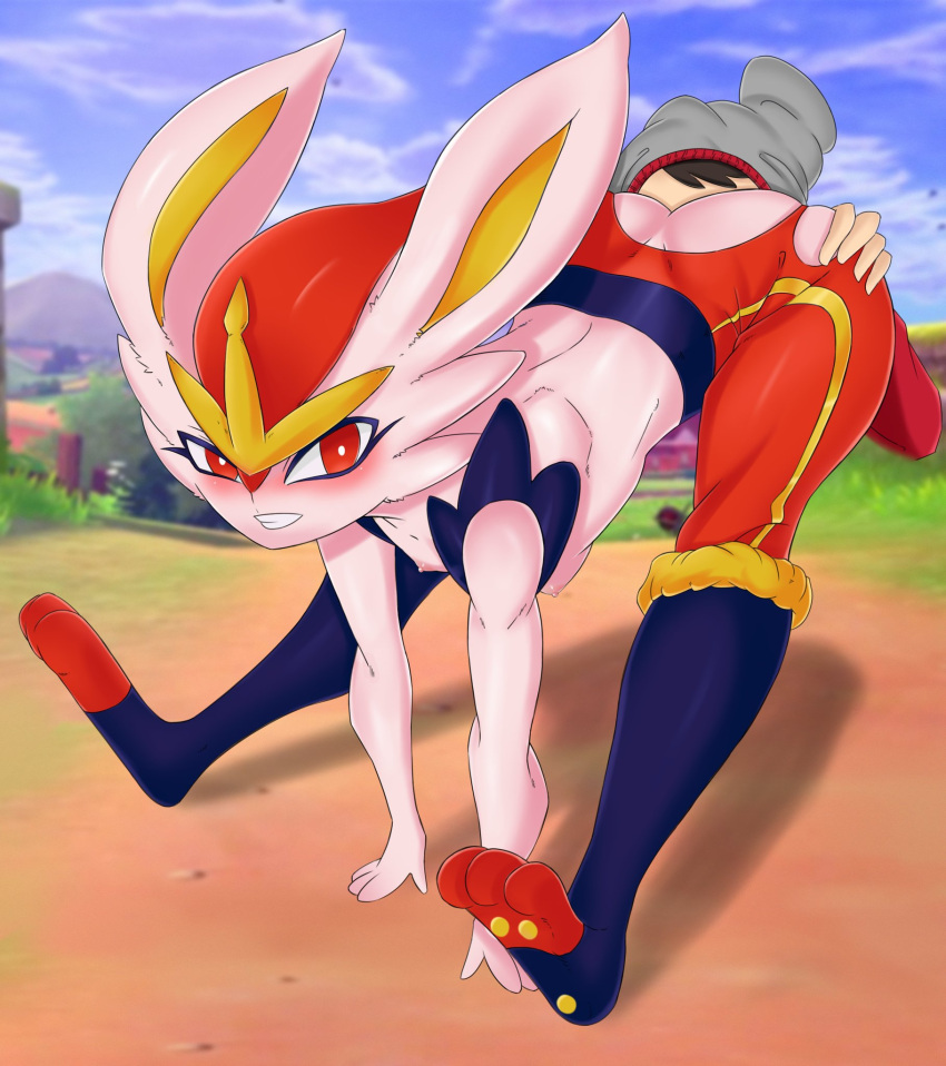 2020 ambiguous_gender anthro anthro_on_male ass athletic athletic_anthro bent_over_with_legs_held_straight boobacafe breasts butt_grab cinderace clothing female female/ambiguous generation_8_pokemon hand_on_butt hi_res human human_on_anthro interspecies lagomorph leporid looking_at_viewer mammal nintendo oral outside pokemon pokemon_(species) rabbit stretching torn_clothing