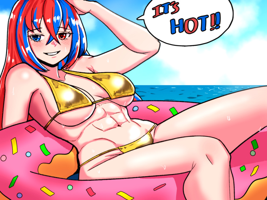 1girls abs alear_(female)_(fire_emblem) alear_(fire_emblem) alternate_costume bikini blue_eyes blue_hair breasts crossed_bangs doughnut doughnut_innertube english_text female female_only fire_emblem fire_emblem_engage food gold_bikini gold_swimsuit heterochromia large_breasts mnejing multicolored_hair nintendo ocean red_eyes red_hair solo speech_bubble split-color_hair swimsuit text two-tone_hair yellow_bikini yellow_swimsuit