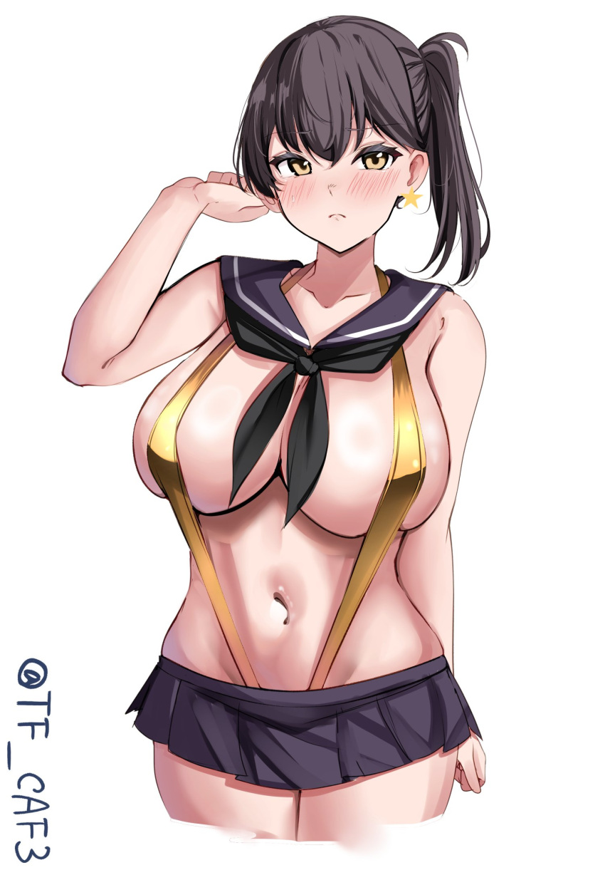 arm_at_side artist_name blush cleavage embarrassed female female_only huge_breasts kaga_(kantai_collection) kantai_collection miniskirt one_arm_up revealing_clothes sailor_collar skirt slender_waist sling_bikini star_(symbol) sweat tf_cafe twitter_username