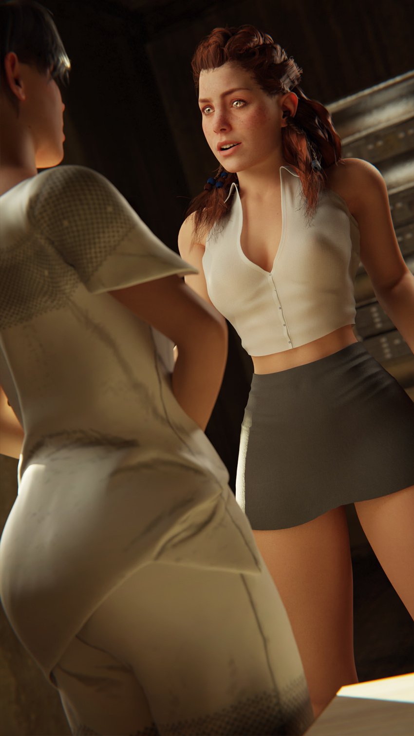 2girls 3d 3d_model aloy beta_(horizon_forbidden_west) cgi clone clothed_female clothed_female_clothed_female female female_only green_eyes guerilla_games horizon_forbidden_west horizon_zero_dawn interior interior_background interior_scene interior_view junkerz long_hair miniskirt multiple_girls office office_clothing office_lady red_hair skirt sony_interactive_entertainment standing twins