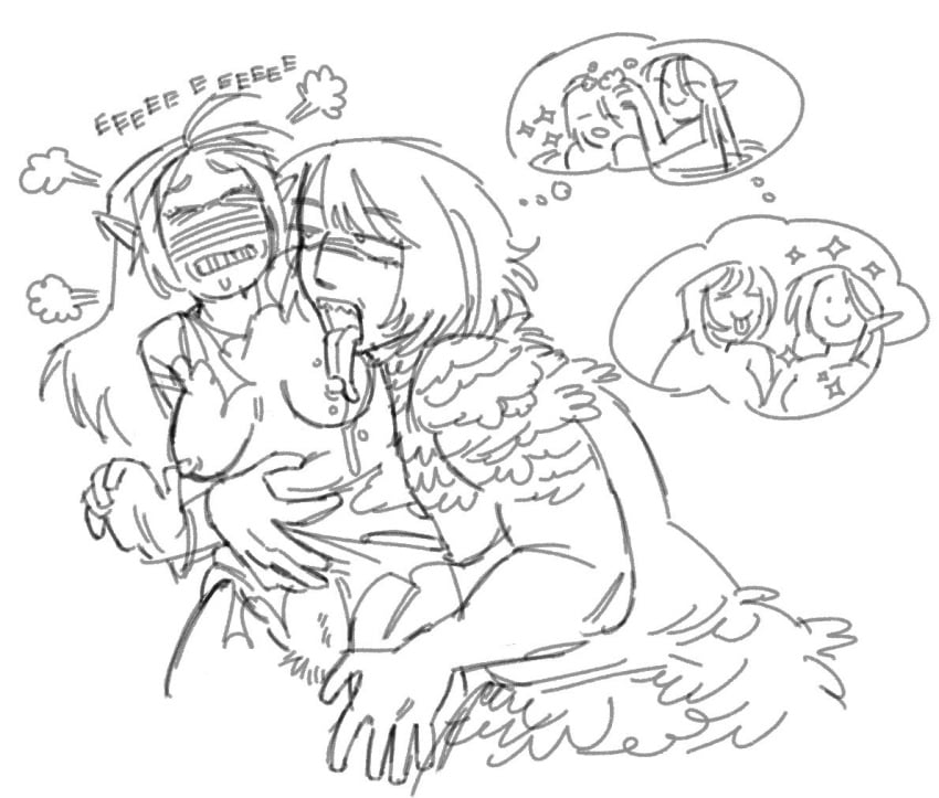 blush breasts dungeon_meshi falin_touden falin_touden_(chimera) feathers female harpy hazeldrawsskin interspecies licking marcille_donato monochrome nipples pointy_ears spoilers tagme torn_clothes yuri