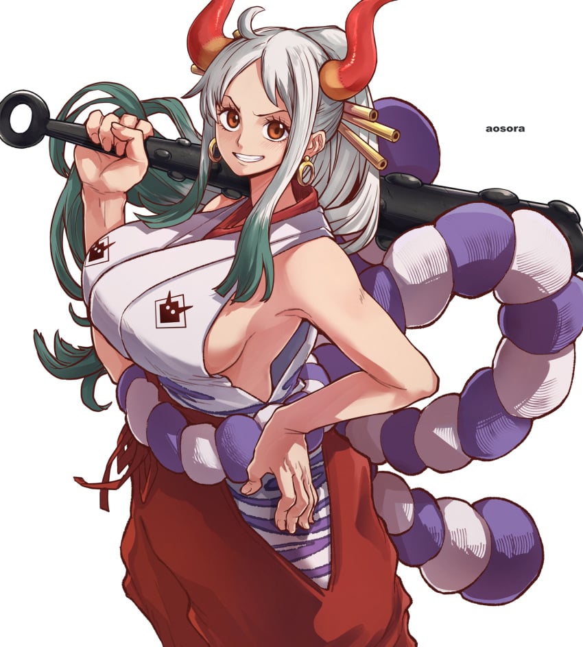 1girls aosora armpits artist_name breasts cleavage commentary earrings female female_only gradient_hair green_hair hakama hand_on_own_hip highres holding holding_weapon hoop_earrings horns japanese_clothes jewelry kanabou large_breasts looking_at_viewer multicolored_hair one_piece oni oni_female oni_horns ponytail red_eyes red_horns rope shackles shimenawa simple_background smile solo weapon white_background white_hair yamato_(one_piece) youkai