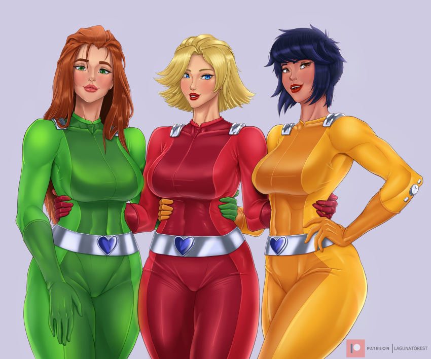 3_bodysuits 3girls alex_(totally_spies) black_hair blonde_hair blushing bodysuit clover_(totally_spies) curvy curvy_female female group hugging jpeg jumpsuit lagunatorest long_hair looking_at_viewer red_hair sam_(totally_spies) smiling spies teamwork totally_spies voluptuous_female