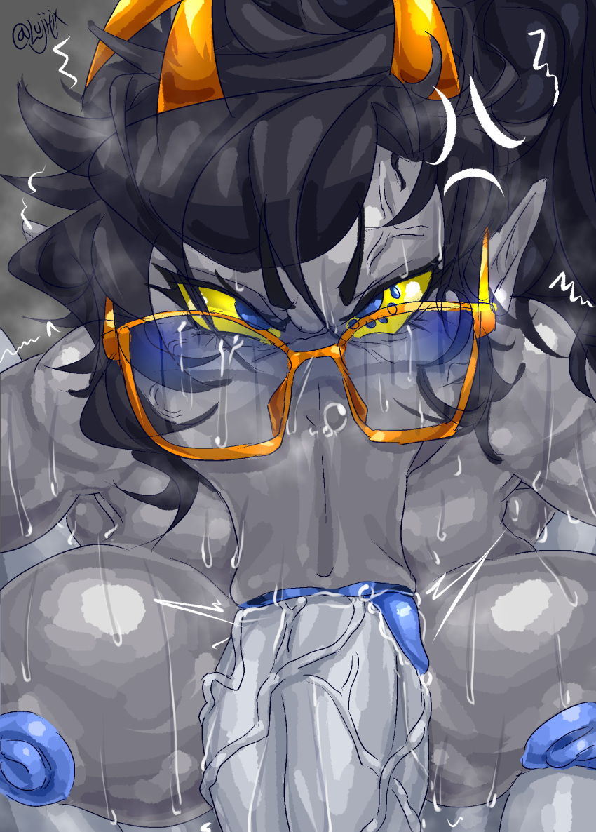 :&gt;= anteater_face blue_lipstick blush breasts colored_nipples fellatio glasses homestuck horns lujitix sweat tagme vacuum-like_fellatio vacuum_blowjob vacuum_fellatio vriska_serket