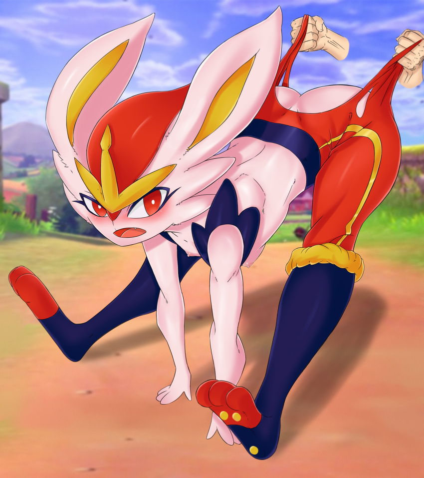 2020 absurd_res ambiguous_gender anthro anthro_on_male ass athletic athletic_anthro bent_over_with_legs_held_straight blush boobacafe bottomwear breasts cinderace clothing duo exposed_breasts exposed_butt female female/ambiguous generation_8_pokemon hi_res human human_on_anthro interspecies lagomorph leporid looking_at_viewer mammal nintendo outside pokemon pokemon_(species) rabbit stretching torn_bottomwear torn_clothing