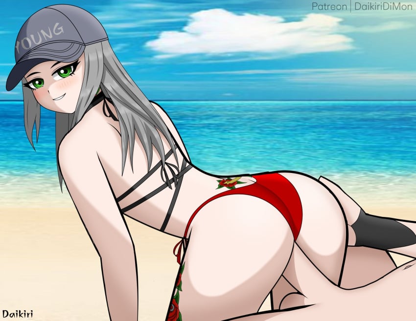 1boy 1girls ass beach bikini blush cap chigusa_(fortnite) choker daikiri_di_mon fortnite fortnite:_battle_royale green_eyes grey_hair looking_at_partner patreon_username penetration public_sex sex straight tattoo vaginal_penetration