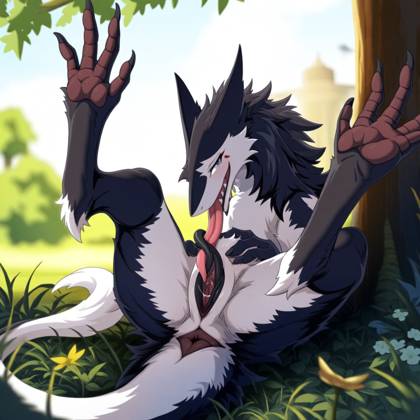 ai_generated anthro anus autocunnilingus blush director_firewolf female feral feral_only legs_up long_tongue looking_at_viewer masturbation outside prehensile_clitoral_hood pussy sergal solo