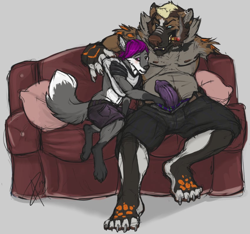 animal_genitalia anthro anuv anxious bulge canine casual cigar clothed clothing duo explicital fox gay grey_fox hair handjob hybrid male mammal nervous original_character purple_hair size_difference sofa unwilling