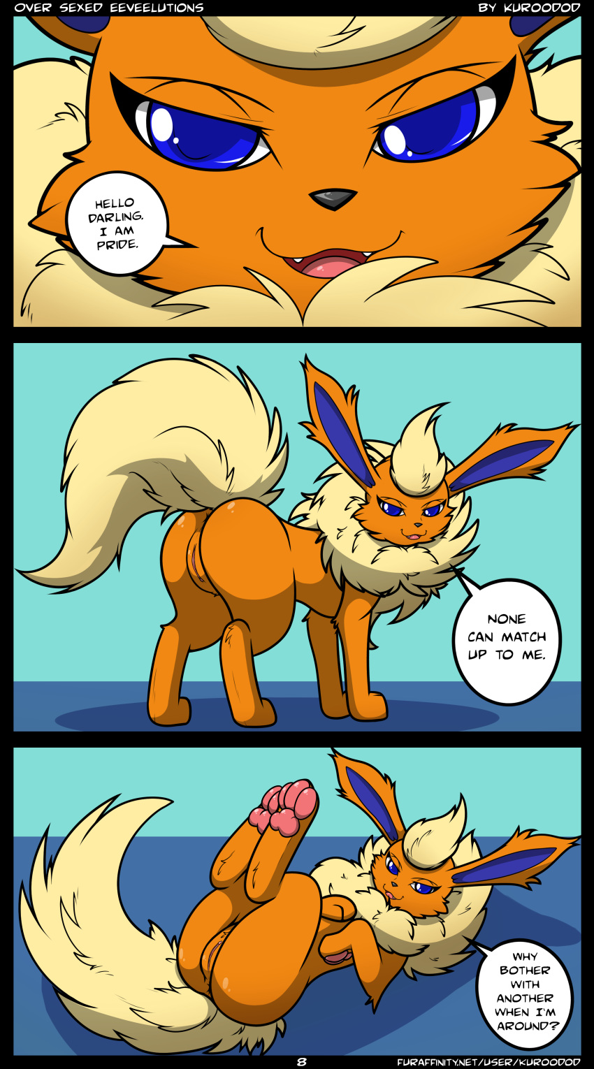 2014 absurd_res anus black_nose blue_eyes dialogue eeveelution english_text female feral flareon fur furaffinity_username hi_res kuroodod looking_at_viewer looking_back lying nintendo on_back open_mouth orange_fur page_8 paws pokémon_(species) pokemon presenting pride_(kuroodod) pussy solo standing text video_games yellow_fur