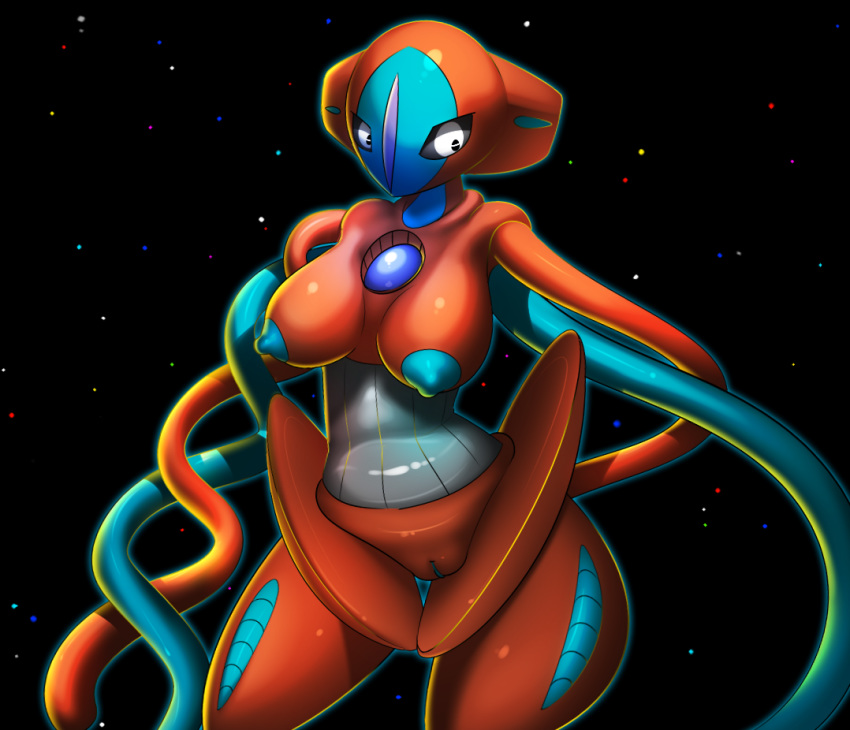 2014 anthro areola big_breasts blue_nipples breasts deoxys elpatrixf female humanoid legendary_pokemon nintendo nipples nude pokemon pokemon_(species) pussy red_body solo standing video_games