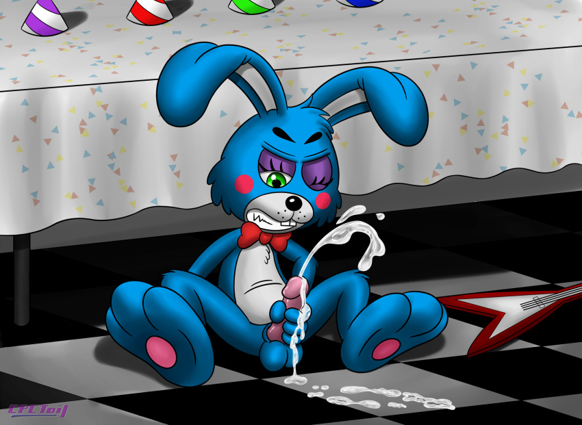 balls clenched_teeth cpctail cum cumshot erection five_nights_at_freddy's five_nights_at_freddy's_2 guitar lagomorph male male_only mammal masturbation messy musical_instrument nude one_eye_closed orgasm penis rabbit solo spread_legs spreading teeth toy_bonnie_(fnaf)